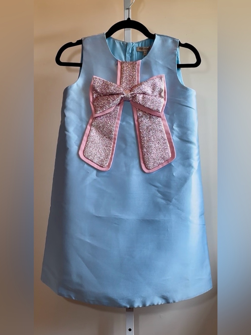 Hucklebones London Gilded Bow Shift Dress Alice Blue Pink Glitter Bow NWT 12Y